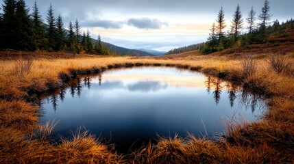 Fototapeta premium A serene landscape featuring calm waters reflecting distant mountains and golden fields, showcasing the tranquility and peacefulness of nature in its purest form.