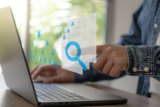 Business man work with smartphone seek data to find a new job icon are floating on screen