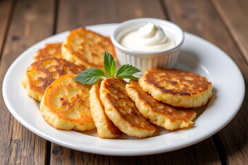 Delicious golden syrniki with sour cream on a white plate, Placki ziemniaczane
