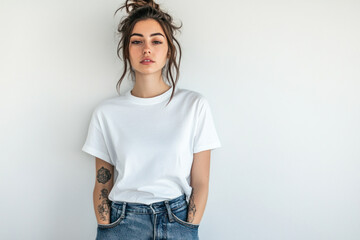 Woman in white t-shirt and jeans smiling at a lively street market, surrounded by colorful stalls.