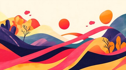 Abstract landscape painting with vibrant hills and suns