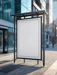 Blank Portrait Poster on Metal Bus Stop Frame – Modern City Street with Glass Reflections