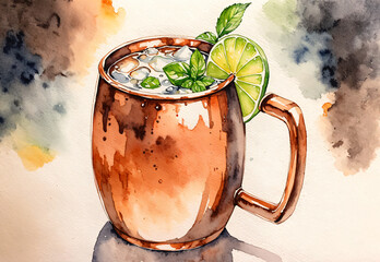 a painting of a copper mug with a lime