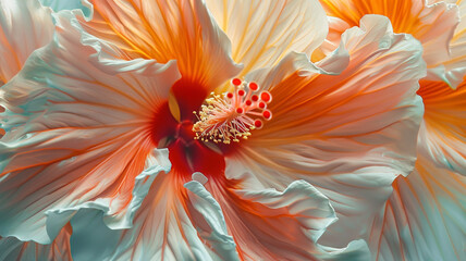 An intricate close-up of a blooming hibiscus flower, highlighting its radiant colors and the fine details of its petals, a true tropical gem.