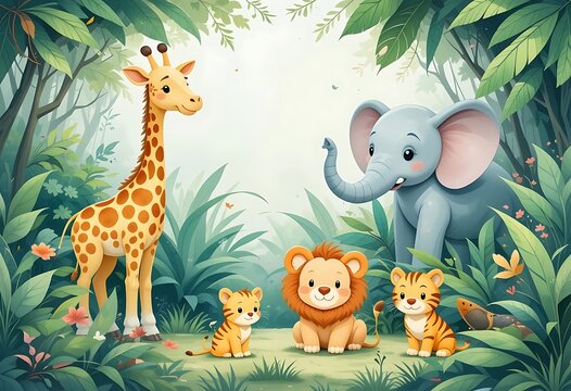 Cute cartoon safari zoo with animal frame border on background in watercolor style.