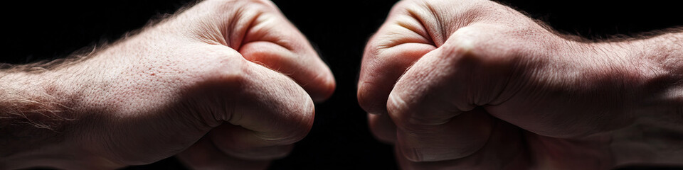 Naklejka premium Two Clenched Male Fists Against Black Background