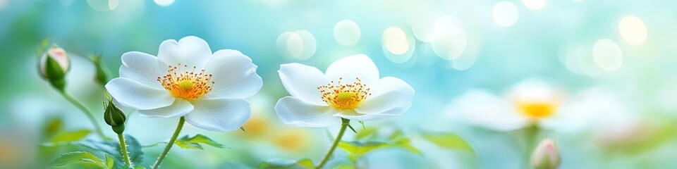 Obraz premium Close-up of Delicate White Roses Blossoming in Soft, Dreamy Sunlight Nature Background.