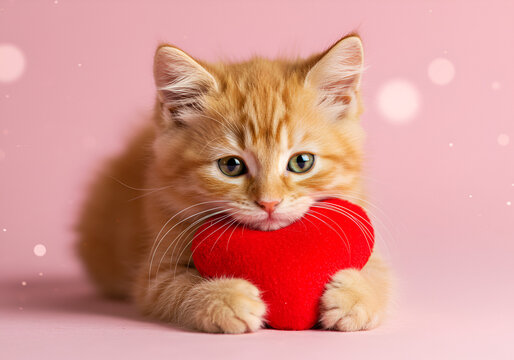 Ginger kitten hugging toy red heart. Cute cat on pink background. Valentine's Day love concept.