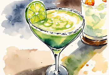 a watercolor painting of a margarita cocktail