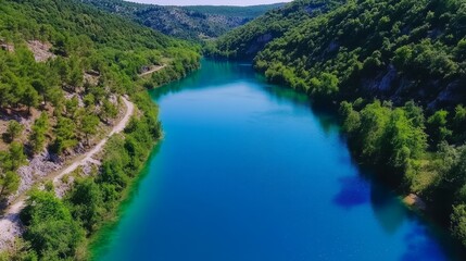 Fototapeta premium Krka River National Park Aerial View - Serene azure river, lush green canyon, pristine nature, tranquil landscape, Croatian beauty. Captures the essence of natural beauty and tranquility.