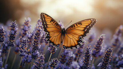 Butterfly on lavender flowers in sunset garden