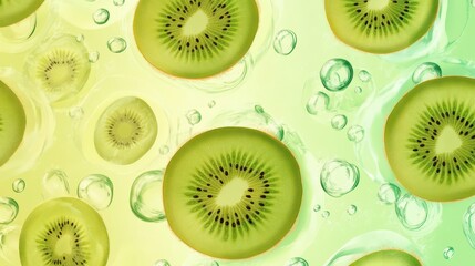 Fototapeta premium Fresh kiwi fruit background with vibrant colors and bubbles for creative design. Copy space