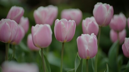 Fototapeta premium Pink tulips blooming in garden, spring floral background, nature scene, perfect for greeting cards