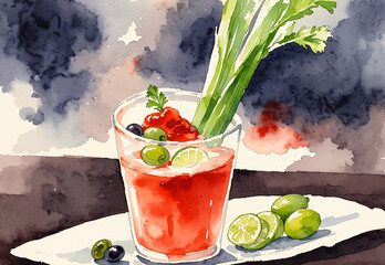 a watercolor painting of a bloody cocktail