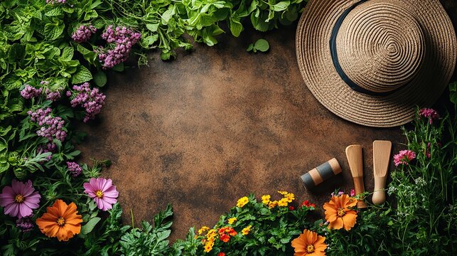 Dive into springtime gardening Top view showcases young flowers, essential gardening gear, a sunhat, and wooden markers on a textured brown surface, a perfect setup for text or promotional content