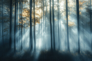 Obraz premium Sunlight filtering through fog in a serene forest.