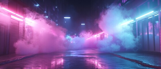 Neon-lit alleyway with fog at night, vibrant atmosphere