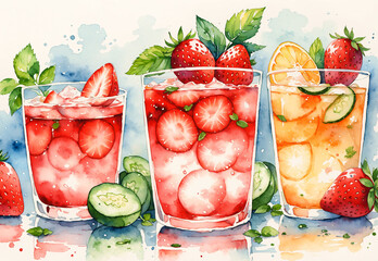 three glasses of fruit and watercolor