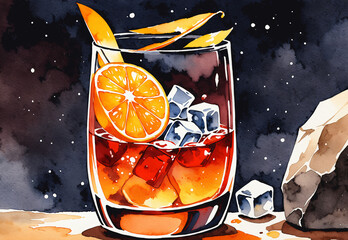 a glass of orange juice with ice and a slice of orange