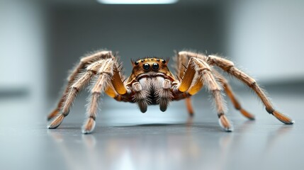 A macro shot highlights a spider's detailed eyes and fuzzy legs on a reflective surface, emphasizing its stunning features and the intricacies of nature.