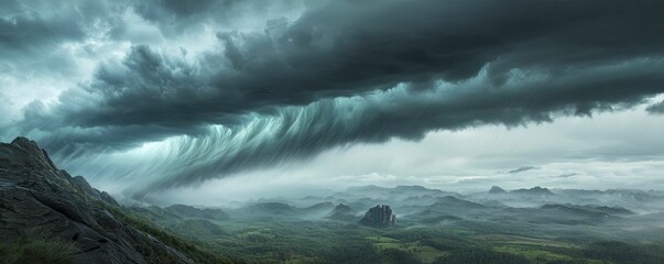 Fototapeta premium Powerful winds whip through mountain valleys as dark storm clouds gather, while rain pours down rocky slopes, intensifying the untamed scene.