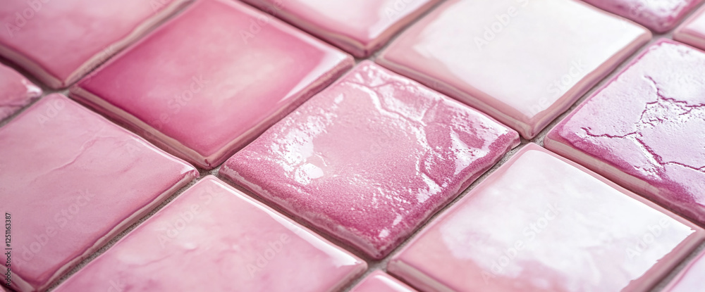 Poster close-up view of glossy pink ceramic tiles arranged in a grid, showcasing various shades and texture