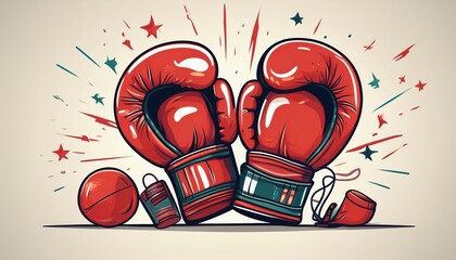 Illustration of whimsical boxing gloves and accessories showcasing a playful and minimalist design with vibrant colors and a dynamic background