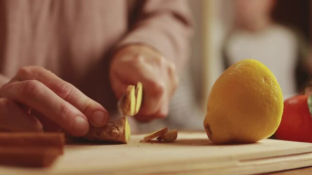 Close-up of female hands carefully slicing fresh ginger root on a wooden cutting board, with a whole lemon nearby, possibly preparing a healthy drink or meal