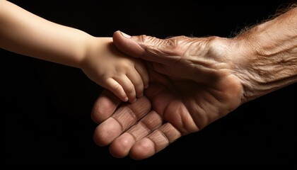 Fototapeta premium Close up of an old man's hand gently holding a small child's hand against a dark background, symbolizing connection and generational bonds