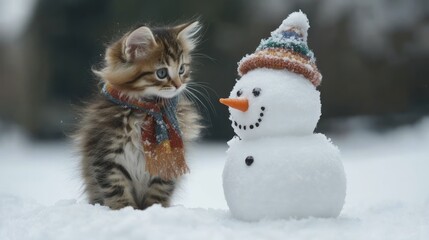 A Kitten and Snowman Winter Scene in the Snow
