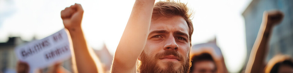 Obraz premium Man with Raised Fist at Outdoor Protest