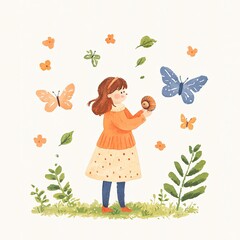 Adorable Girl in Orange Sweater Holding Snail Surrounded by Butterflies and Flowers in a Spring