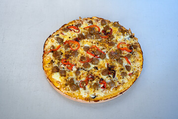 Traditional Turkish cuisine. Pizza, pita, pidesi, sucuk, hummus, kebab. Many dishes on the table. Serving dishes in restaurant. Margherita,  mix, formaggi, veggie karisik pizza. Top view, flat lay