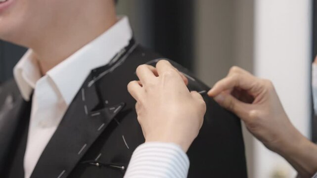 Close up young adult happy man asia people prepare custom tailoring made clothes for wedding party get dressed up tape scale measure try on full male suit at fitting room modern luxury shirt store.
