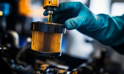 Mechanic changing oil filter in workshop