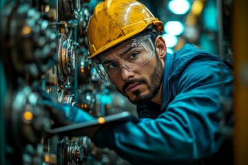 Heating plant technician inspecting gas pipes while adjusting the temperature in the power plant boiler room