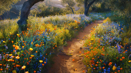 A nature walk path lined with wildflowers, symbolizing the therapeutic benefits of connecting with the outdoors.