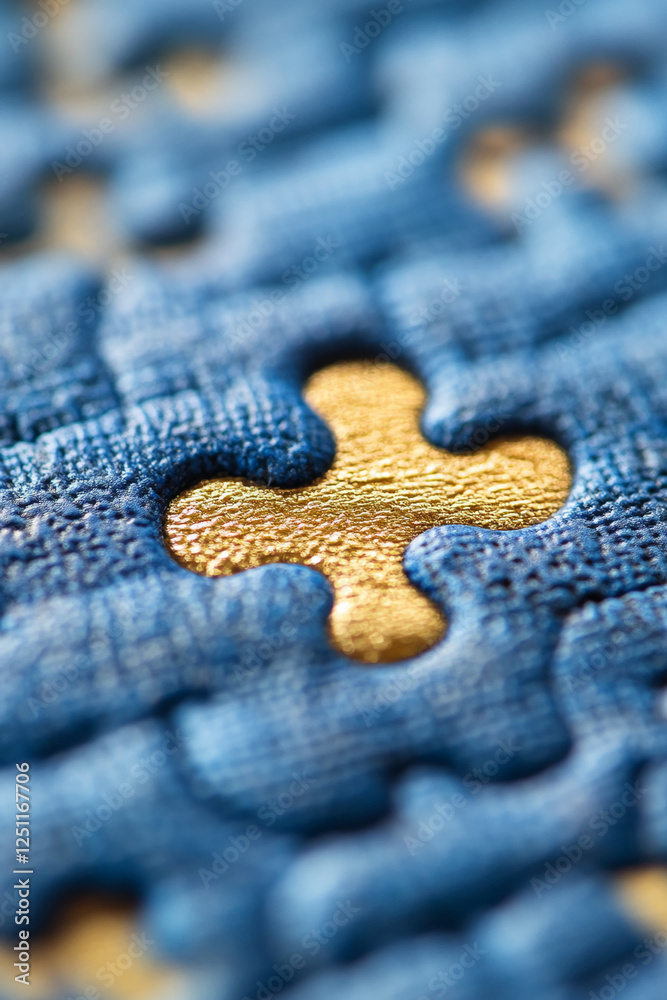 Aufkleber Close-up of a golden puzzle piece placed in the center of a blue puzzle, symbolizing the key element in completing a task, solution, or concept.