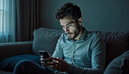 Fototapeta premium Young man absorbed in smartphone usage while sitting on couch in dimly lit room 