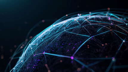 Abstract 3D planet surrounded by neon nexus lines, interconnected grid and glowing nodes
