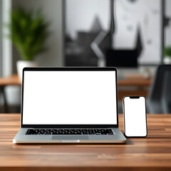 Fototapeta premium Modern Workspace with Digital Devices - Laptop and Smartphone