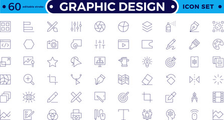 Set of outline icons of graphic design. Simple linear icons in a modern style flat, Creative Process. Graphic design, creative package, stationary, software. Editable stroke outline icon.
