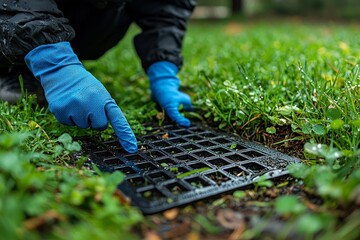 A skilled plumber opens the septic system tank. Text space available here