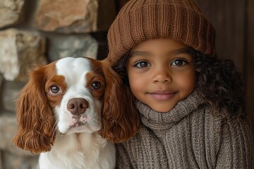 Happy African American child hugging a pet dog with a wall backdrop