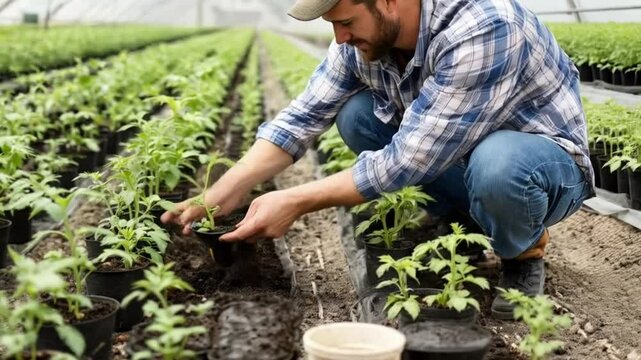 Planting Seedling in Greenhouse for Sustainable Agriculture and Farming