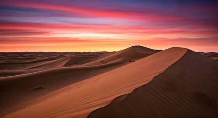 Fototapeta premium A dramatic desert landscape with sand dunes glowing under a deep red and purple sunset sky, Ai Generated