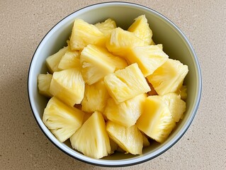 Fresh Pineapple Chunks in a Bowl on a Brown Textured Surface