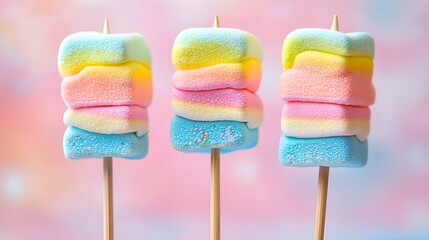 Photo of vibrant marshmallow skewers with multicolored layers, set against a soft-focus pastel backdrop, playful theme