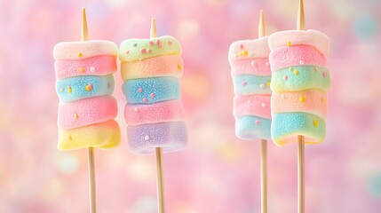 Photo of vibrant marshmallow skewers with multicolored layers, set against a soft-focus pastel backdrop, playful theme