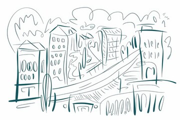 Fototapeta premium Abstract Cityscape Sketch: Teal Urban Line Art